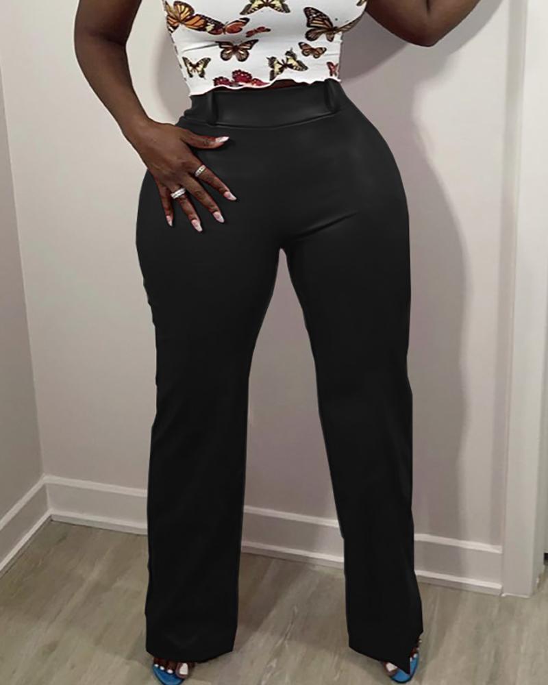 

PU Leather Zipper Design Wide Leg Pants, Black