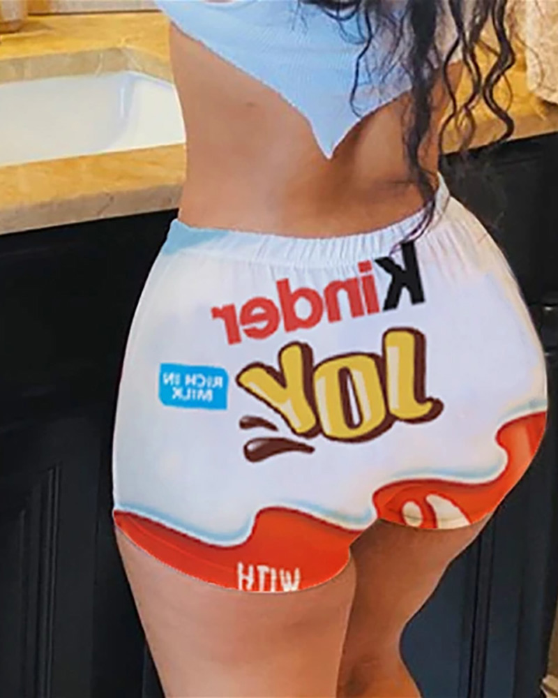 

Cartoon Letter Print High Waist Casual Shorts, White