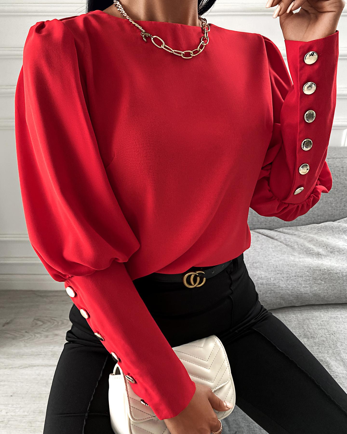 

Button Decor Long Sleeve Top, Red