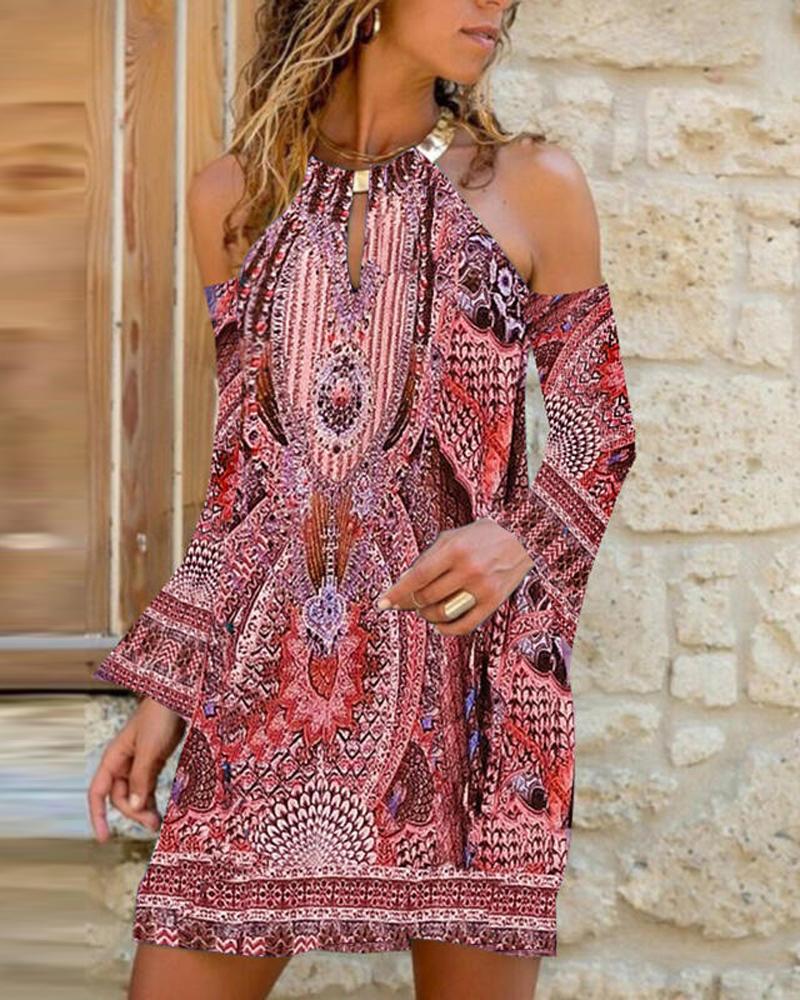 

Tribal Print Metal Decor Cold Shoulder Casual Dress, Red