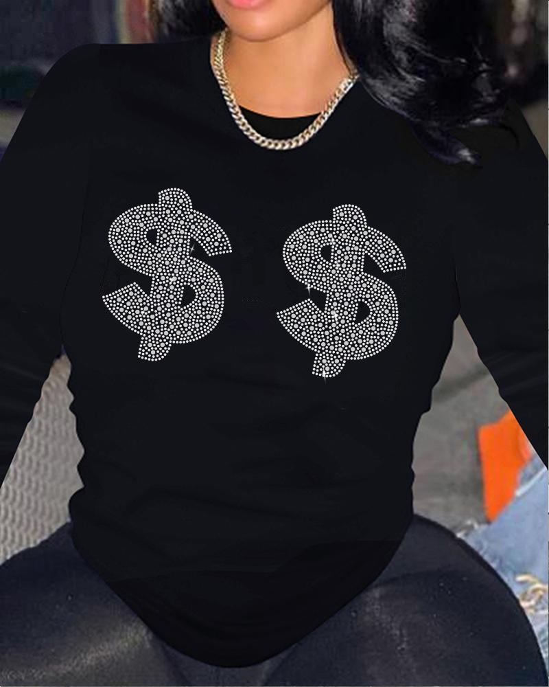 

Plus Size Rhinestone Dollar Pattern Long Sleeve Top, Black