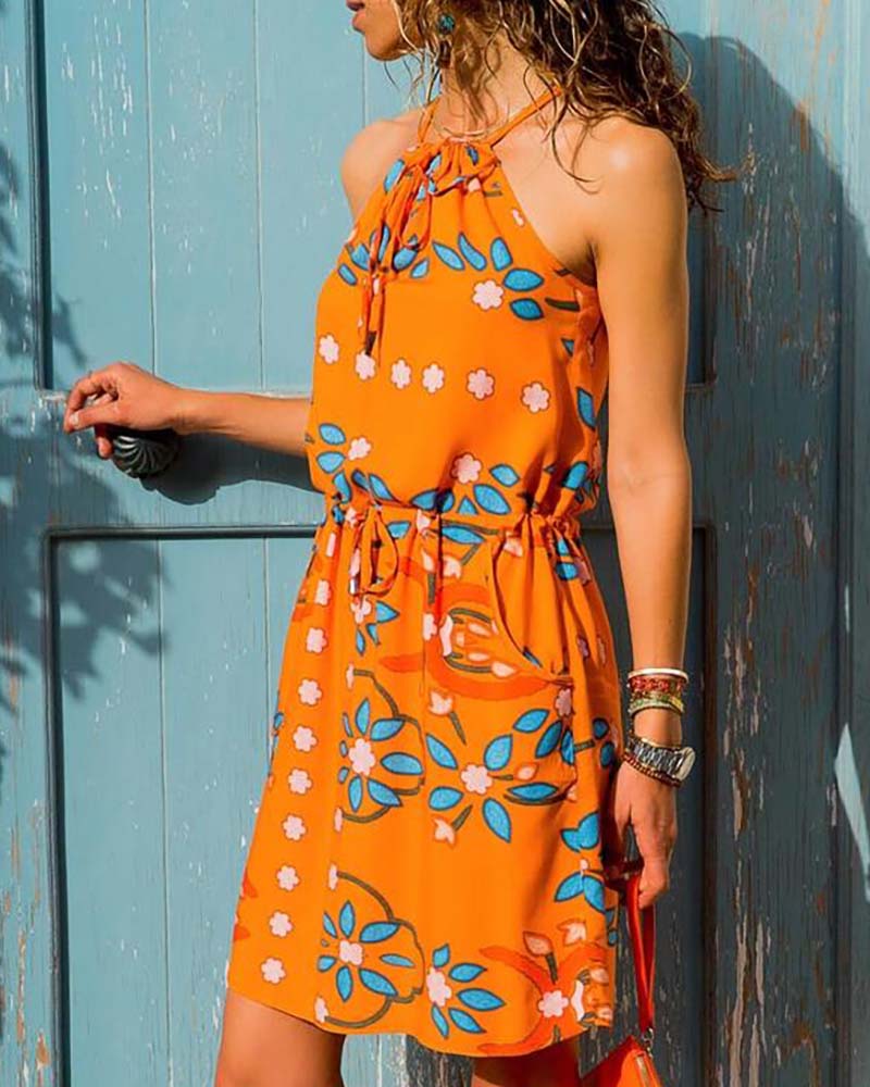 

Print Drawstring Pocket Casual Dress, Orange