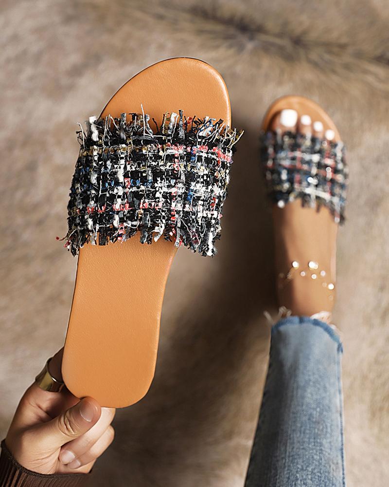 

Round-toe Multicolor Weaves Strap Slippers, Black