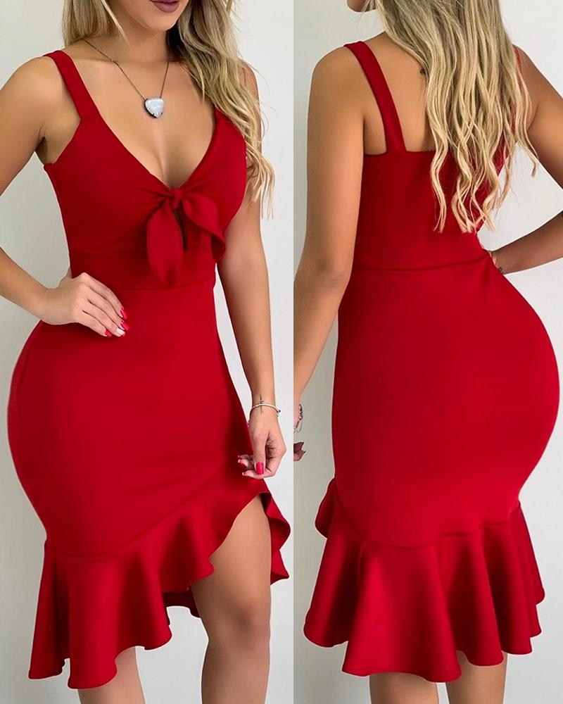 

Tie Front Ruffles Trim Bodycon Dress, Red