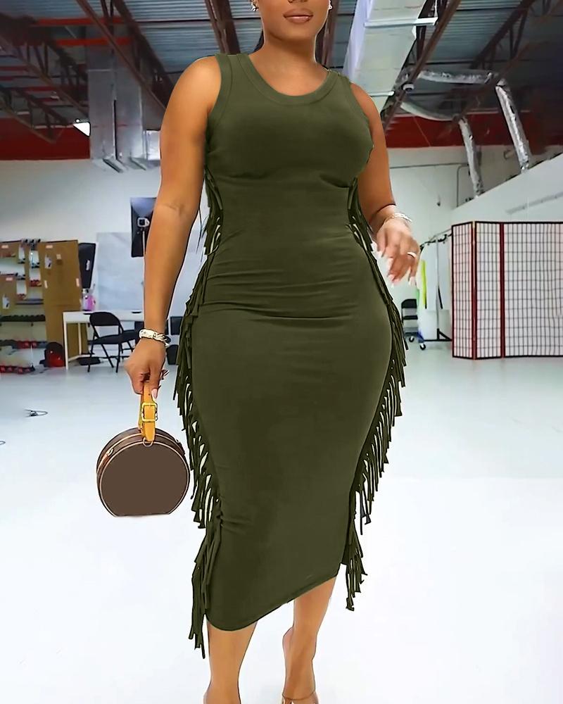 

Round Neck Sleeveless Tassel Design Bodycon Dress, Army green