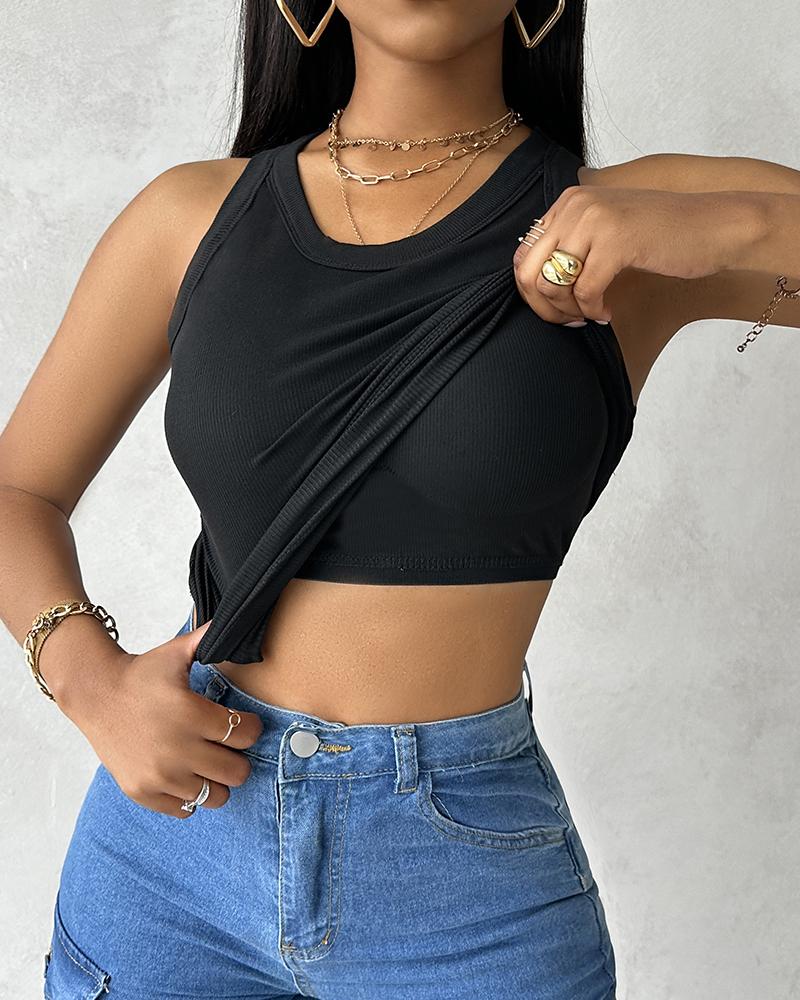 

ChicMe Built-in Bra Ribbed Round Neck Tank Top, Black