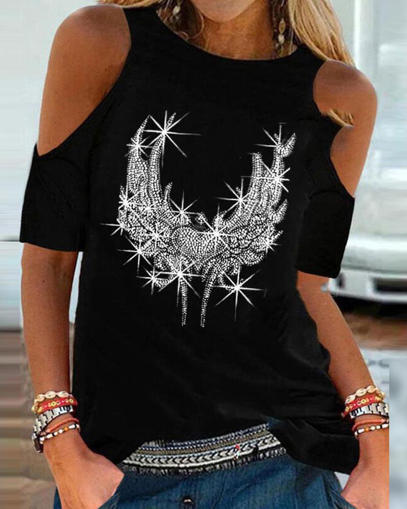 

Rhinestone Graphic Pattern Cold Shoulder Top, Black