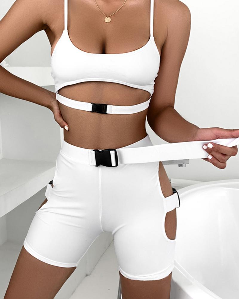 

Cutout Side Buckle Design Bikini Set, White