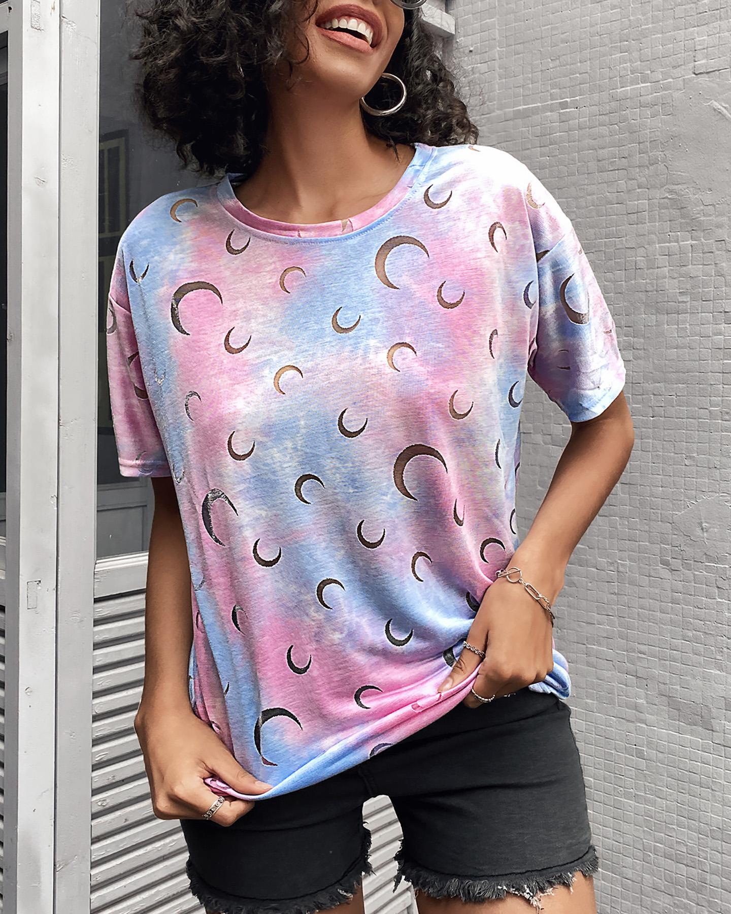 

Moon Print Colorblock Short Sleeve Crop T-shirt, Pink