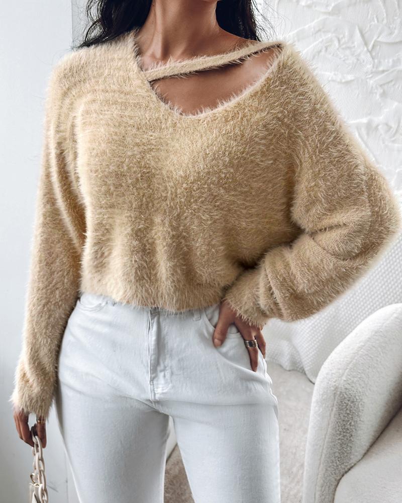 

Asymmetrical V-Neck Fuzzy Knit Sweater, Khaki