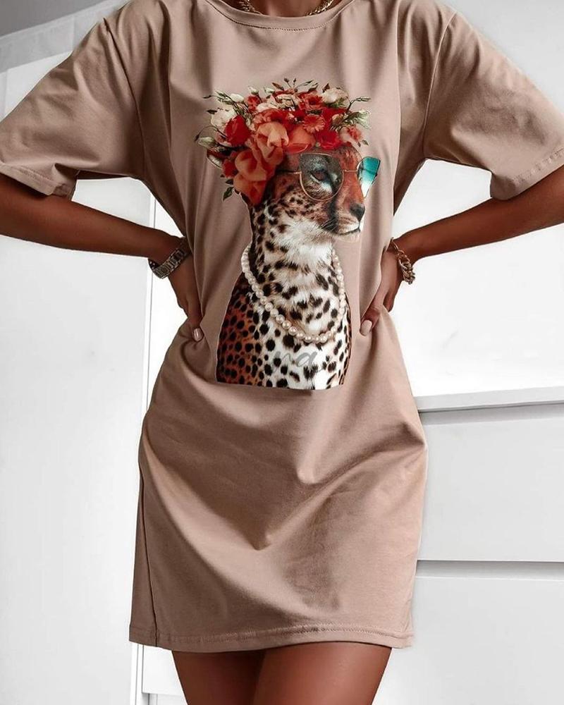 

Animal Print Short Sleeve Casual Dress, Khaki