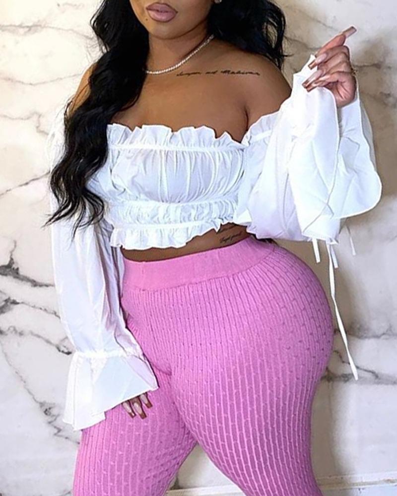 

Off Shoulder Bell Sleeve Ruffle Hem Crop Top, White