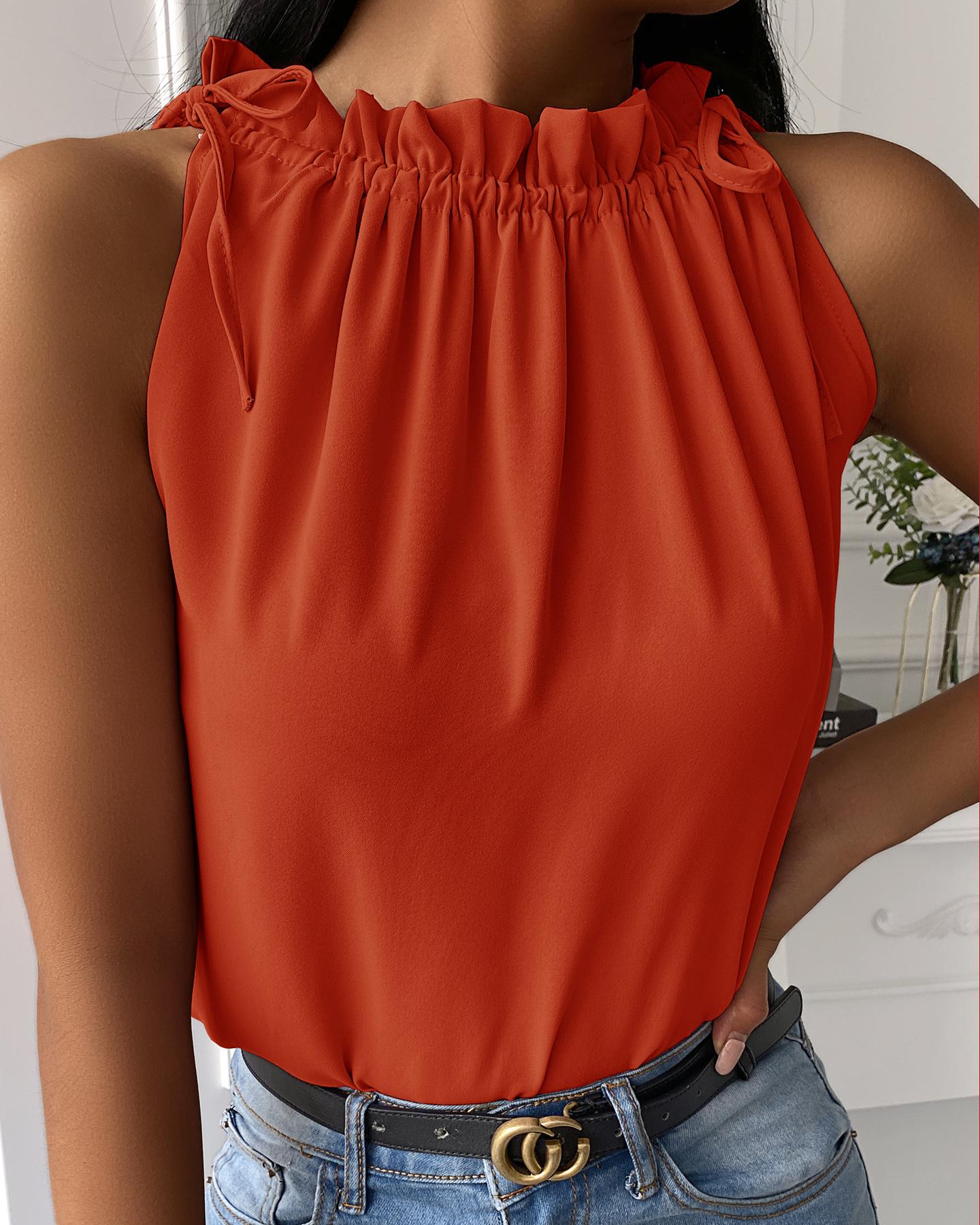 

Solid Ruffles Sleeveless Loose Chiffon Tanks, Red