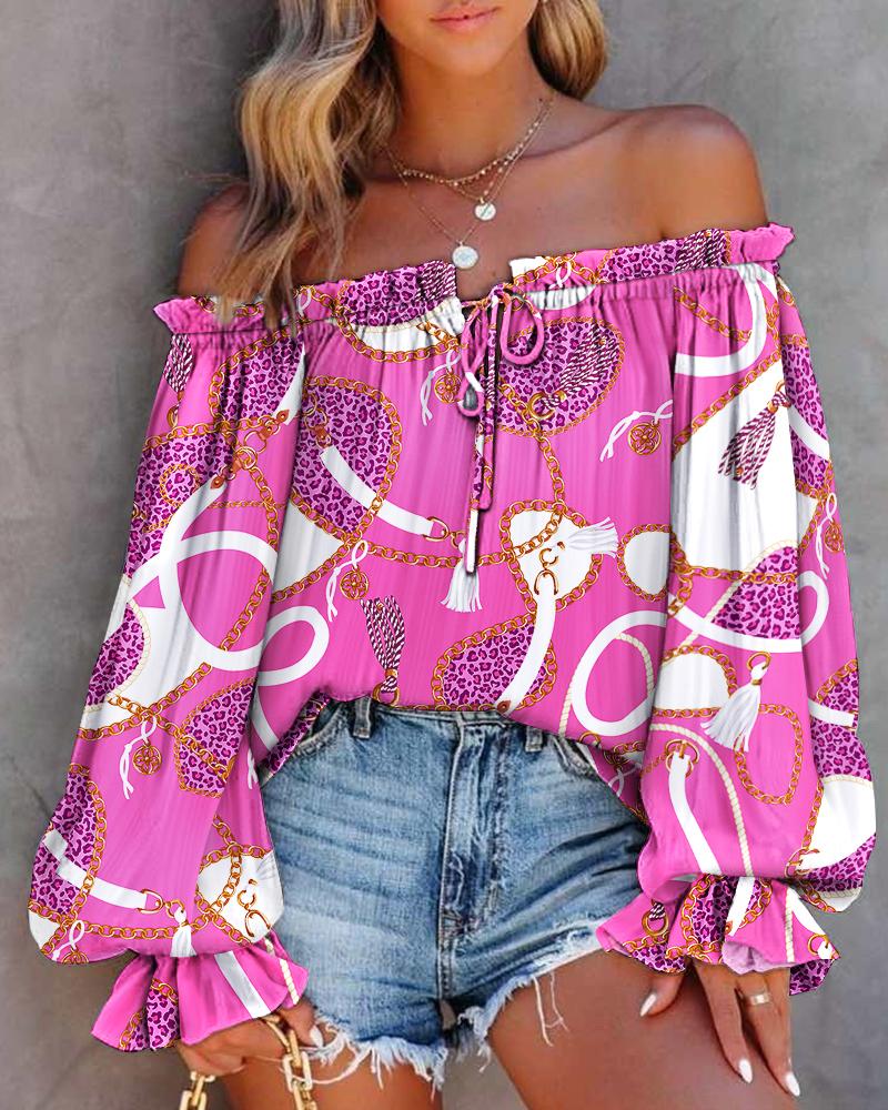 Scarf Chain Print Off Shoulder Lantern Sleeve Top