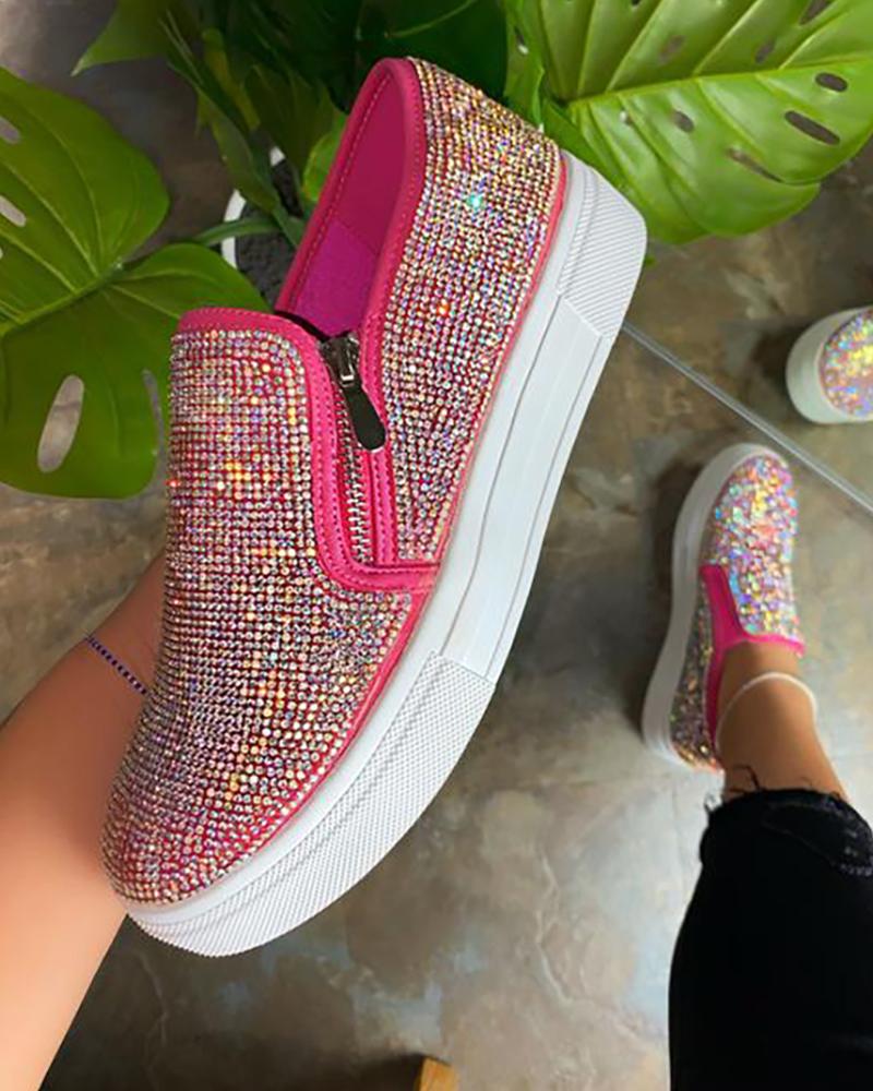 

Zapatos de plataforma de punta estrecha con diseño de cremallera de diamantes de imitación, Hot pink