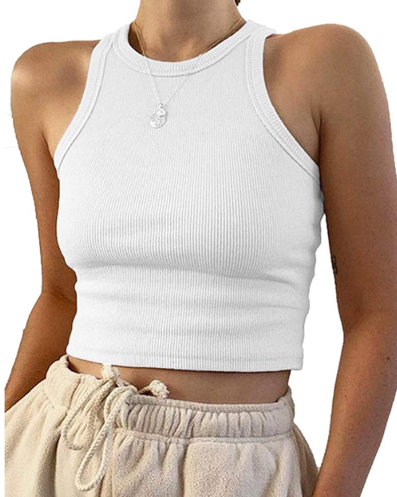 

Crew Neck Crop Basics Tank Top, White