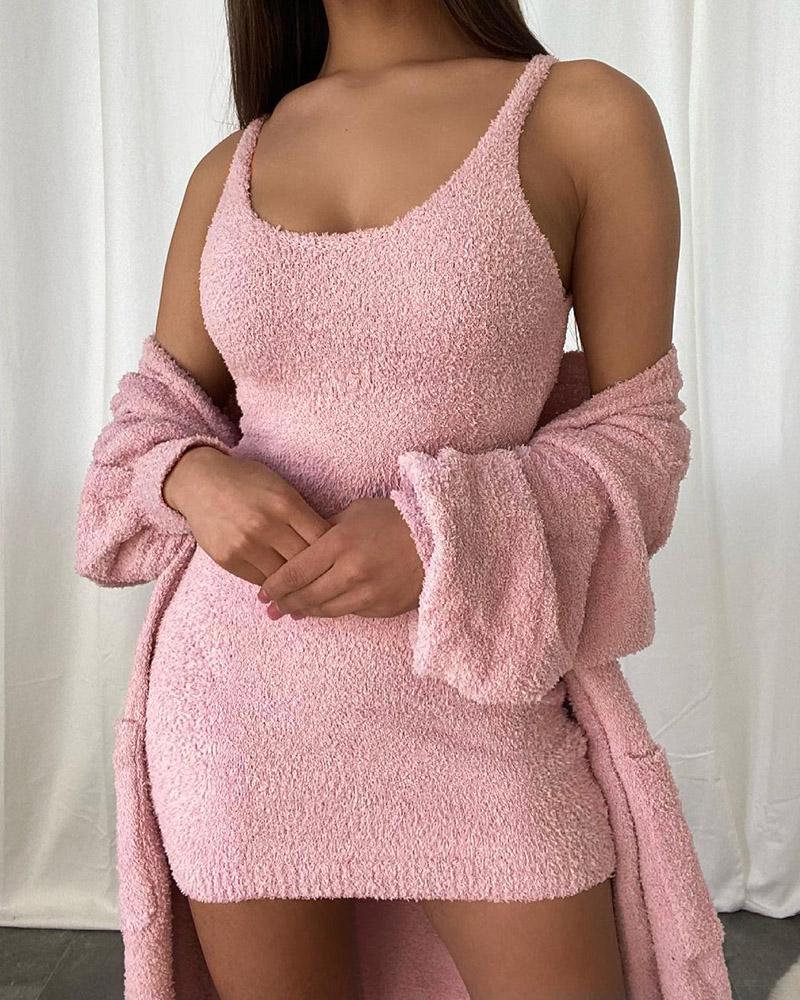 

U Neck Sleeveless Fluffy Bodycon Dress （Without coat), Pink