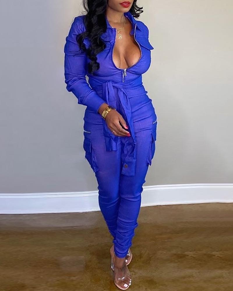 

Solid Zipper Tied Waist Jumpsuit, Blue