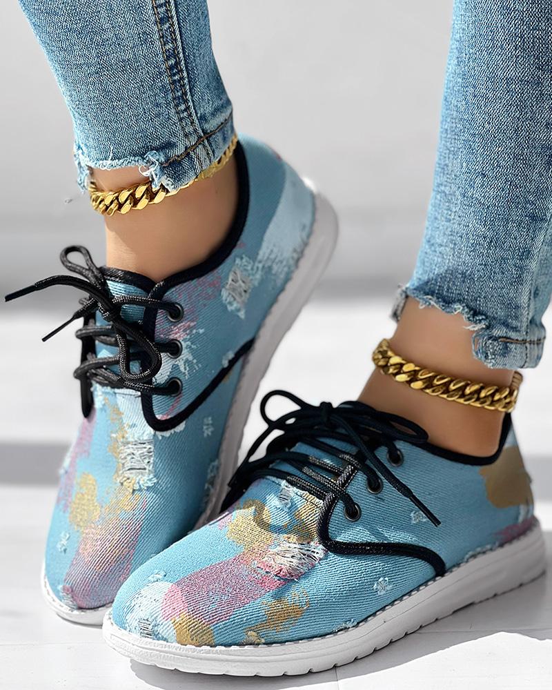 

Christmas Ink Splash Ripped Lace-up Sneakers, Multicolor