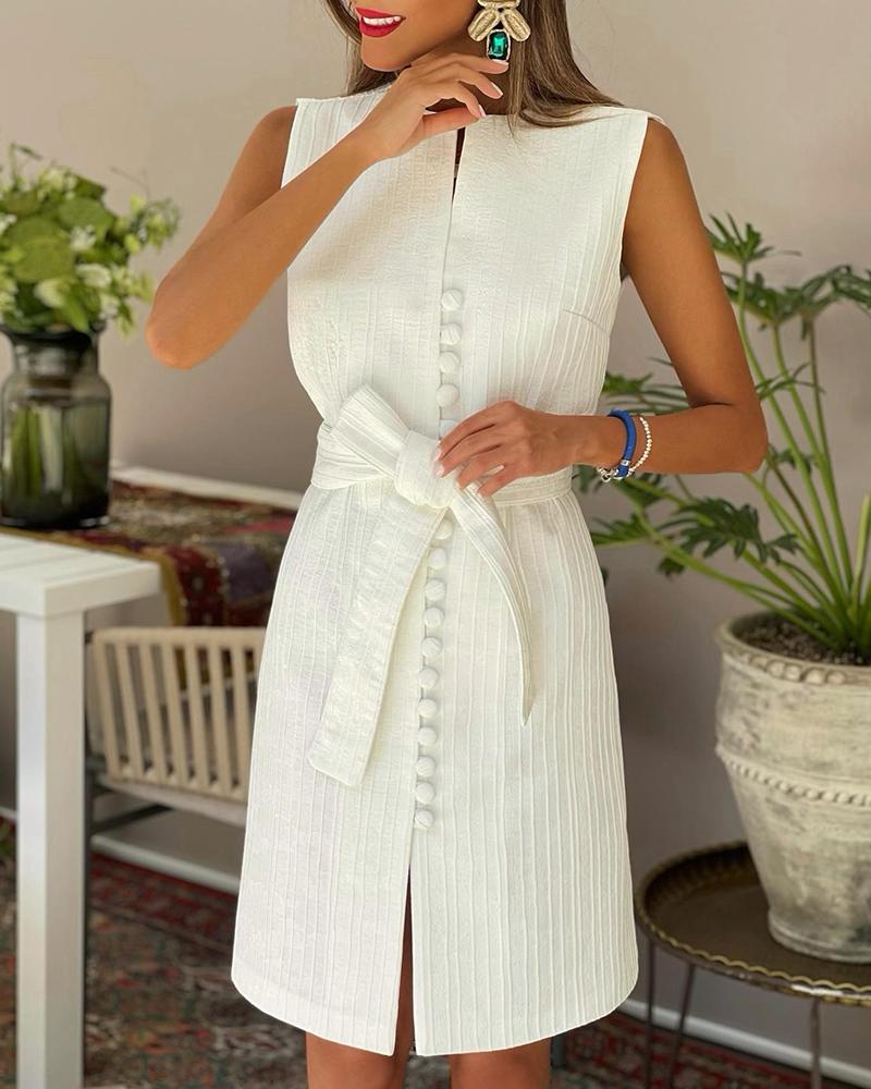 

Sleeveless Buttoned Slit Work Dress, White