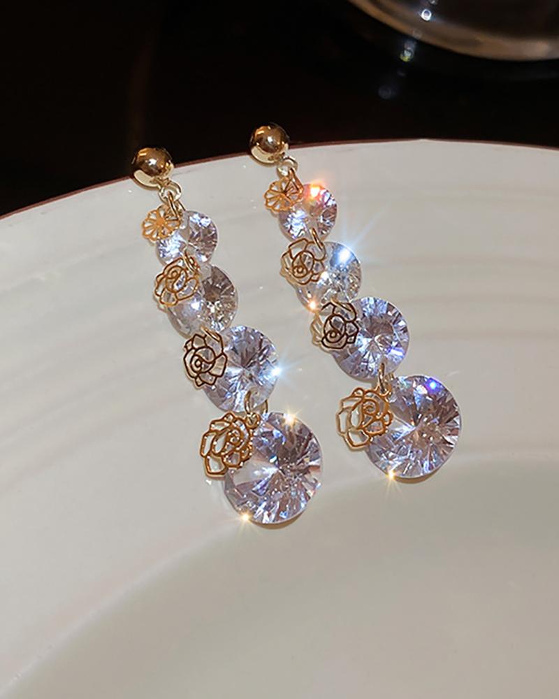 

1Pair Floral Pattern Rhinestone Drop Earrings, Silver