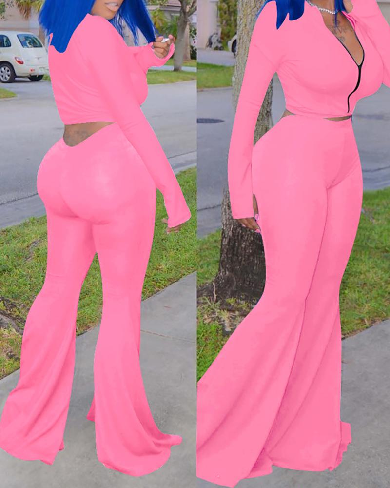 

Zipper Design Crop Top & Bootcut Pants Set, Pink