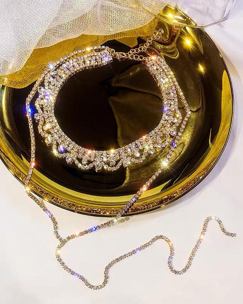 

Multi-Layer Rhinestone Tassel Wide Choker Necklaces, Gold