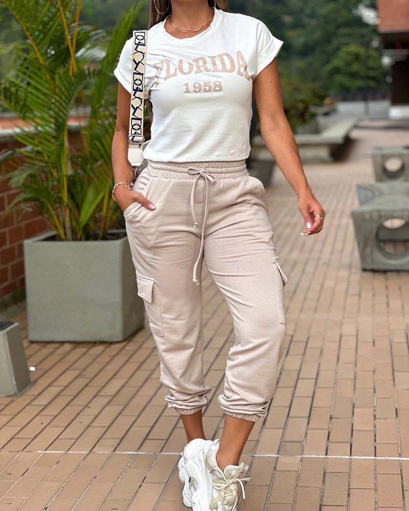 

Letter Print Short Sleeve Top & Drawstring Cuffed Pants Set, Light pink