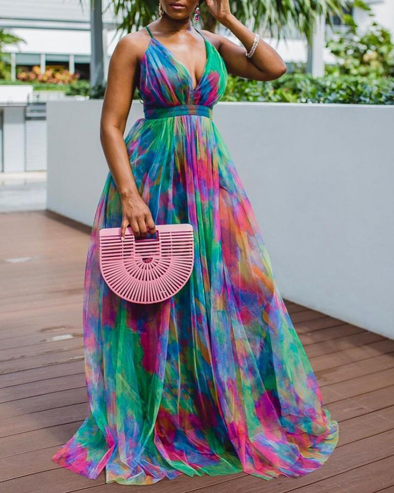 

Tie Dye Print Crisscross Backless Mesh Prom Dress, Green