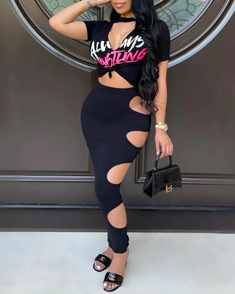 

Letter Print Cutout Top & Cutout Maxi Skirt Sets, Black
