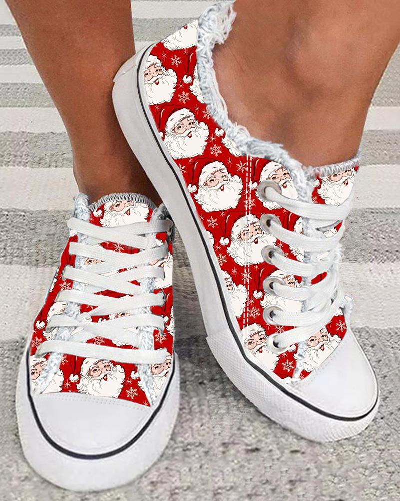 

Christmas Snowflake Santa Claus Print Lace-up Sneakers, Red