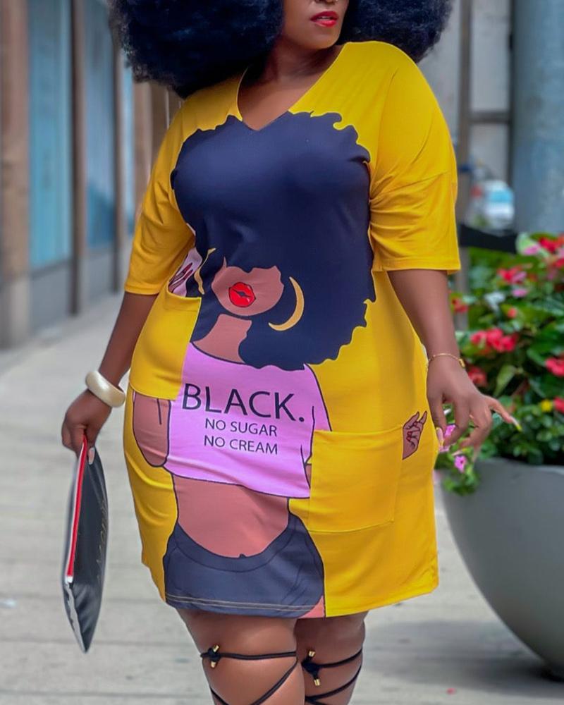 

Plus Size Figure Print V-Neck Casual Dress, Yellow