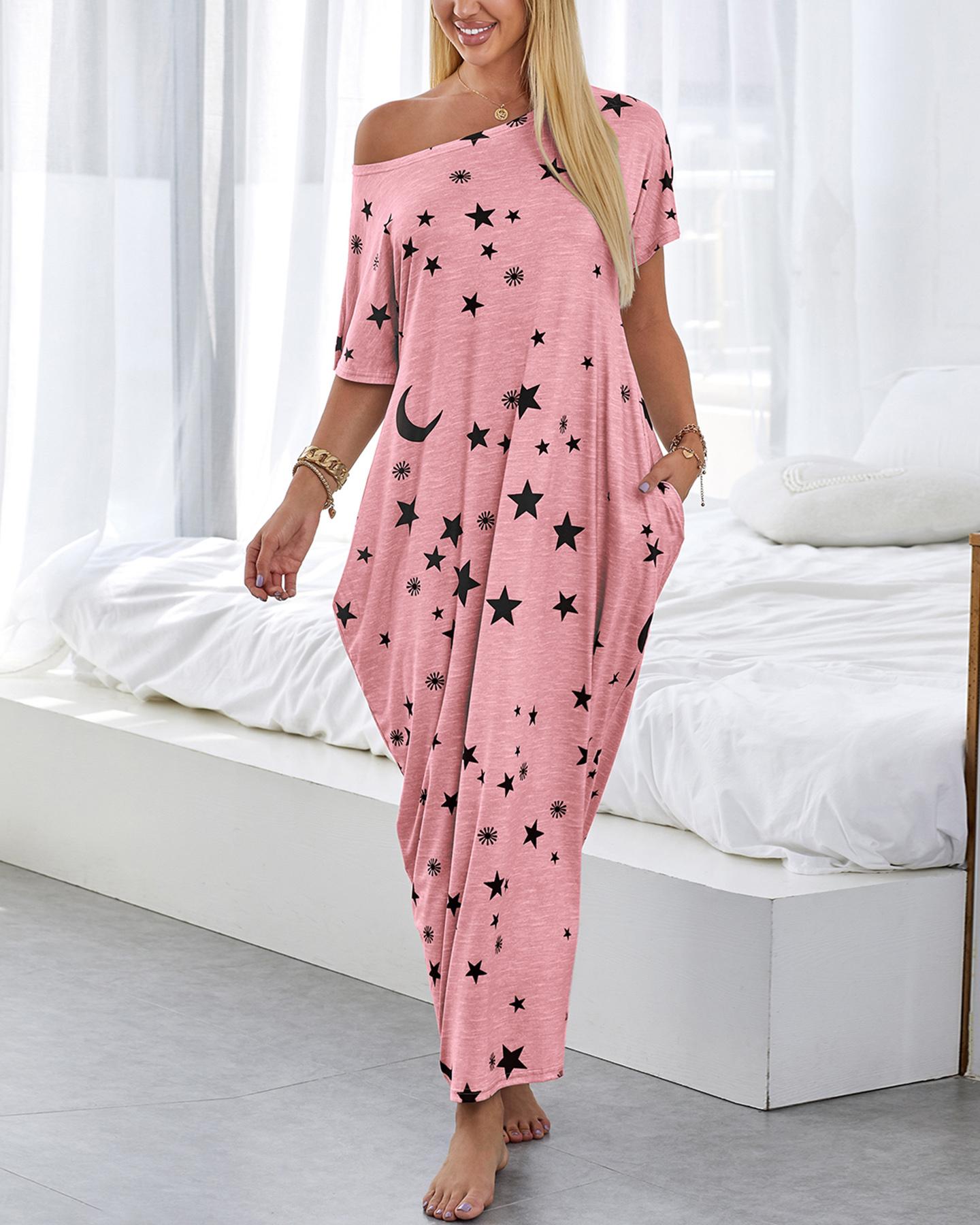 

Short Sleeve Stars Print Casual Dress, Pink