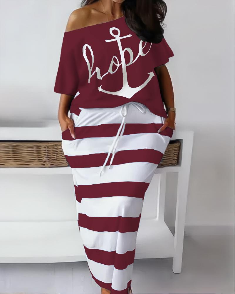 

Plus Size Anchor Letter Print Top & Striped Skirt Set, Wine red