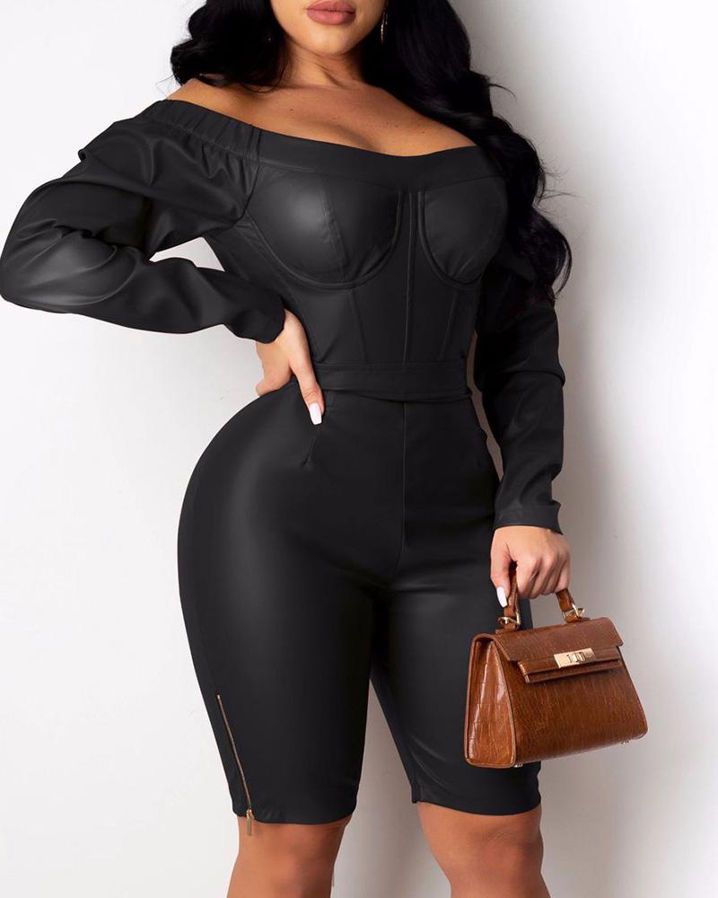 

Off Shoulder Zipper Design PU Leather Romper, Black