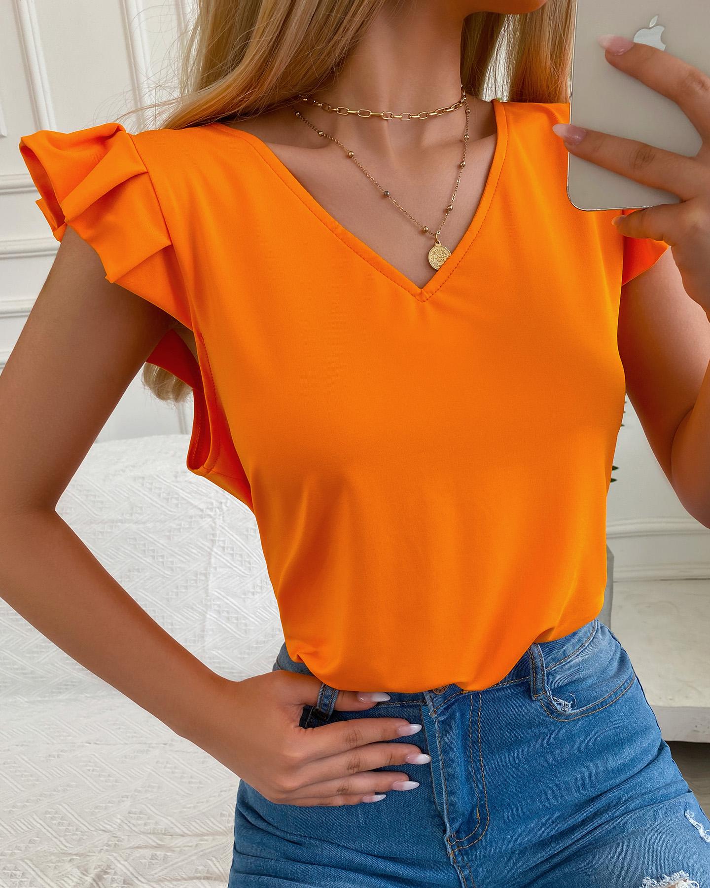 

Ruffles Sleeveless V-Neck Casual T-shirt, Orange