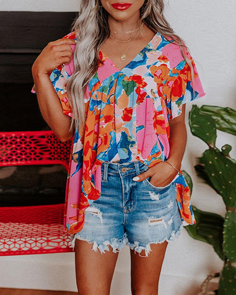 

All Over Print Ruched V-Neck Top, Multicolor