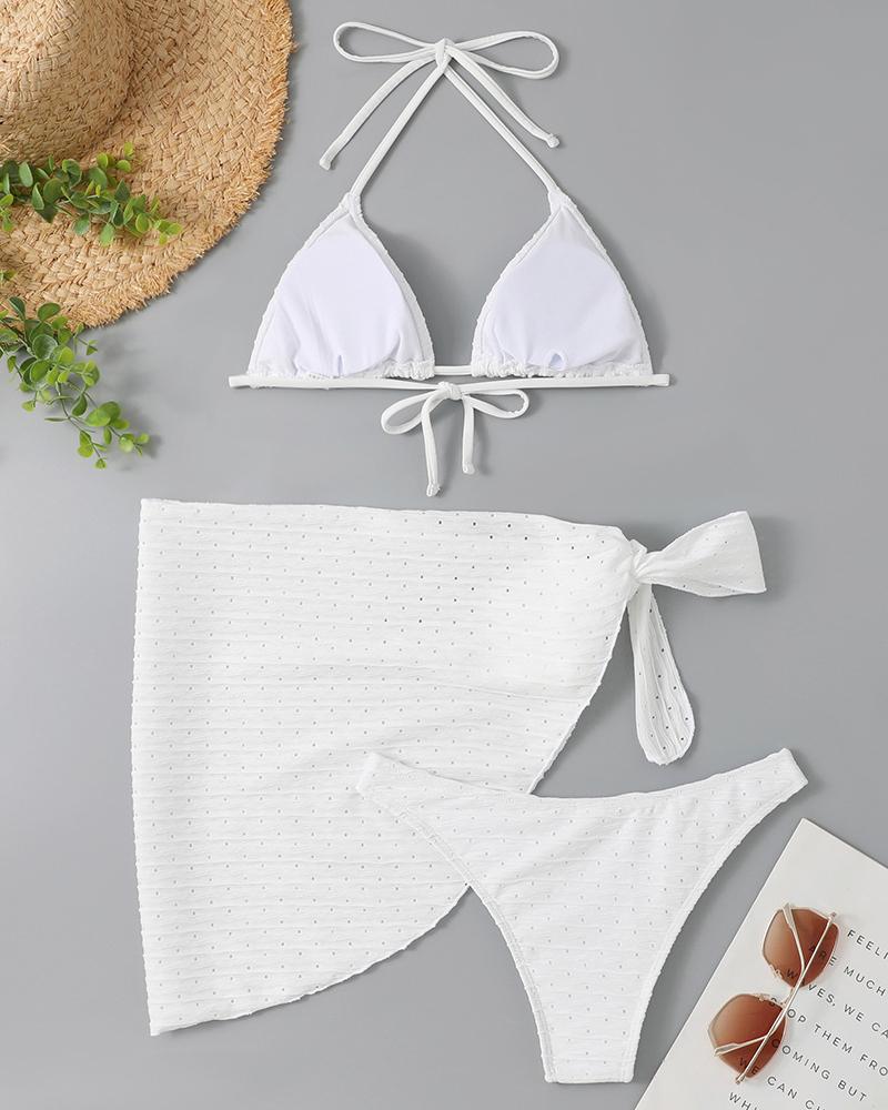 

3PCS Hollow Out Drawstring Textured Bikini Set With Cover Up, White