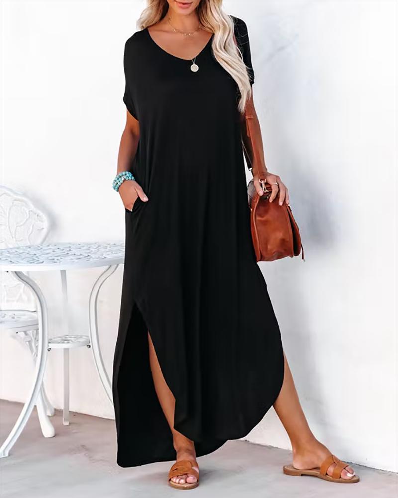 

Short Sleeve Split Hem V-Neck Casual Dress, Black