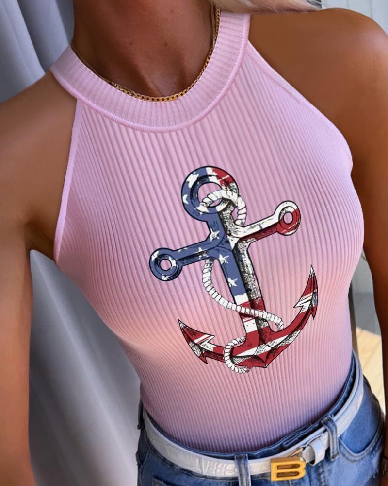 

Independence Day Anchor Flag Print O-Neck Tank Top, Pink