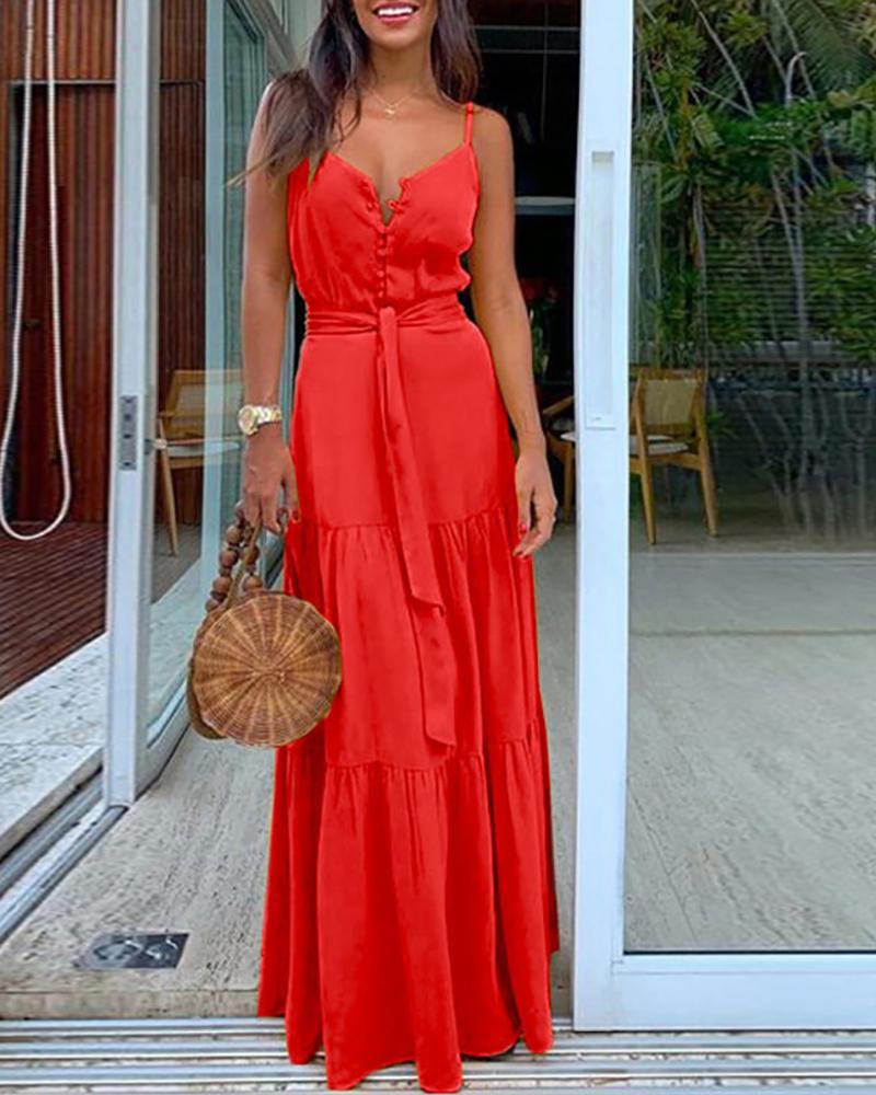 

Spaghetti Strap Button Knotted Ruffle Trim Maxi Dress, Red