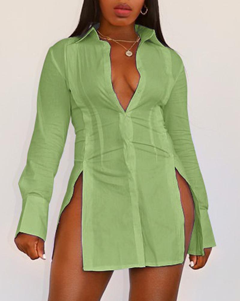 

Slit Buttoned Long Sleeve Shirt Dress, Green