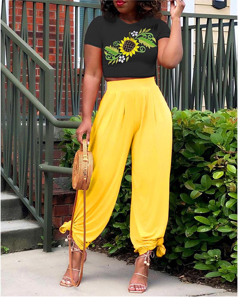 

Sunflower Print Top & High Waist Pants Set, Multicolor