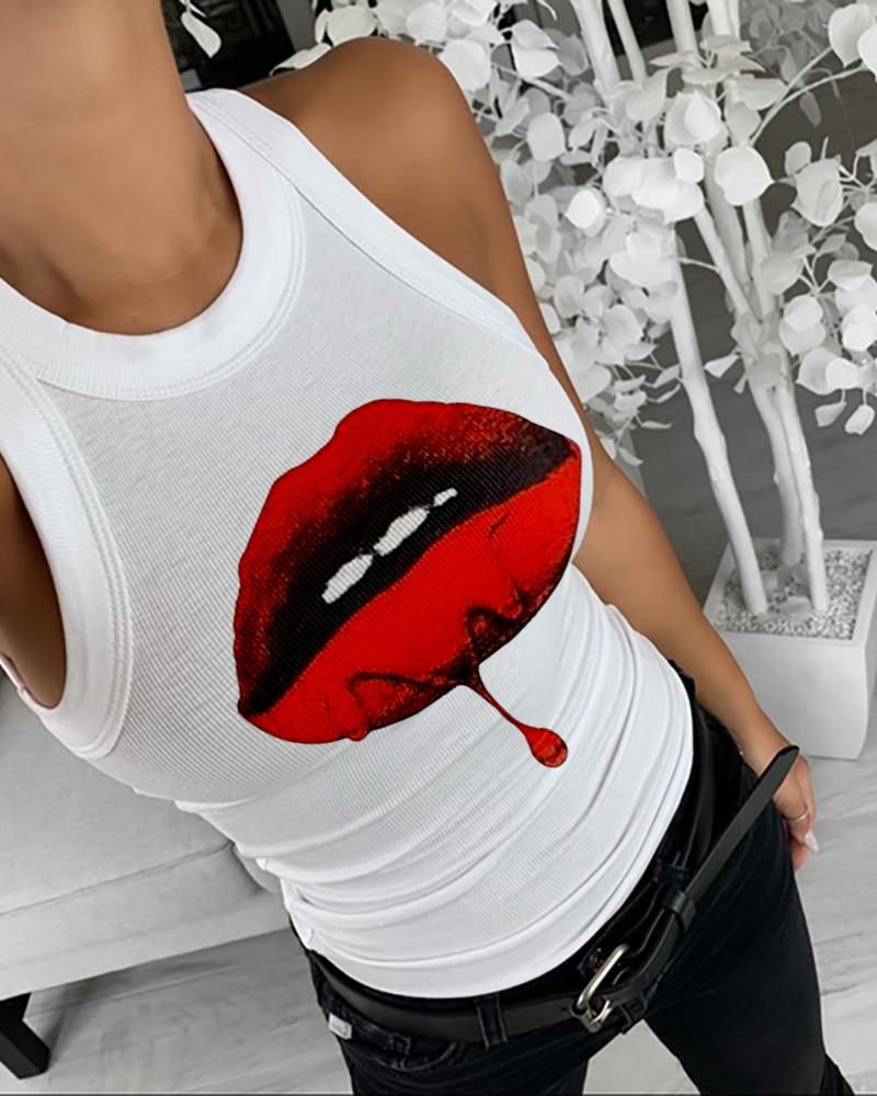 

Lip Print Crew Neck Graphic Tee Casual Tank Top, White