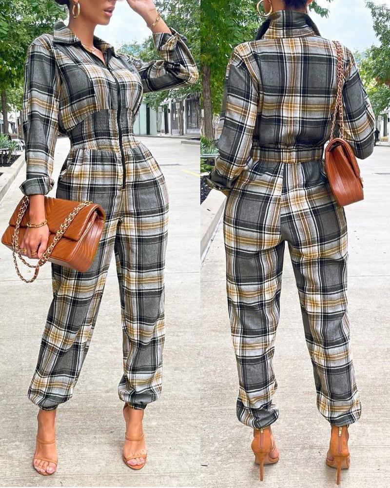 

Plaid Print Shirred Waist Zipper Front Jumpsuit, Gray