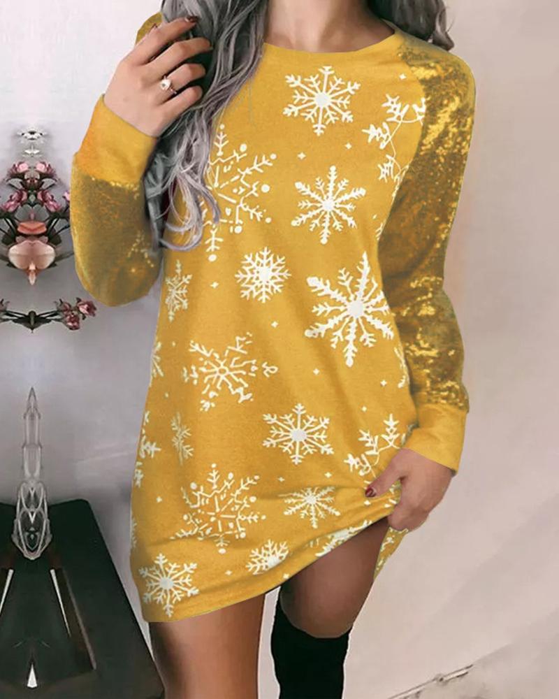 

Christmas Snowflake Print Contrast Sequin Dress, Yellow