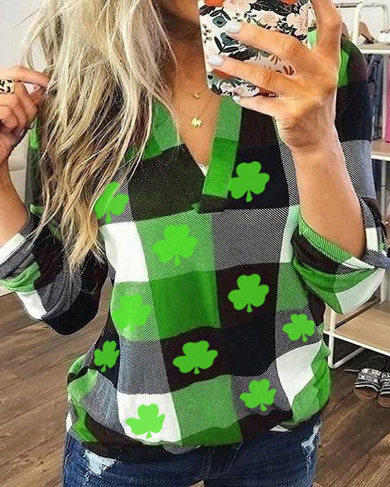 

St.Patrick's Day Clover Plaid Print Long Sleeve Casual Shirt, Green