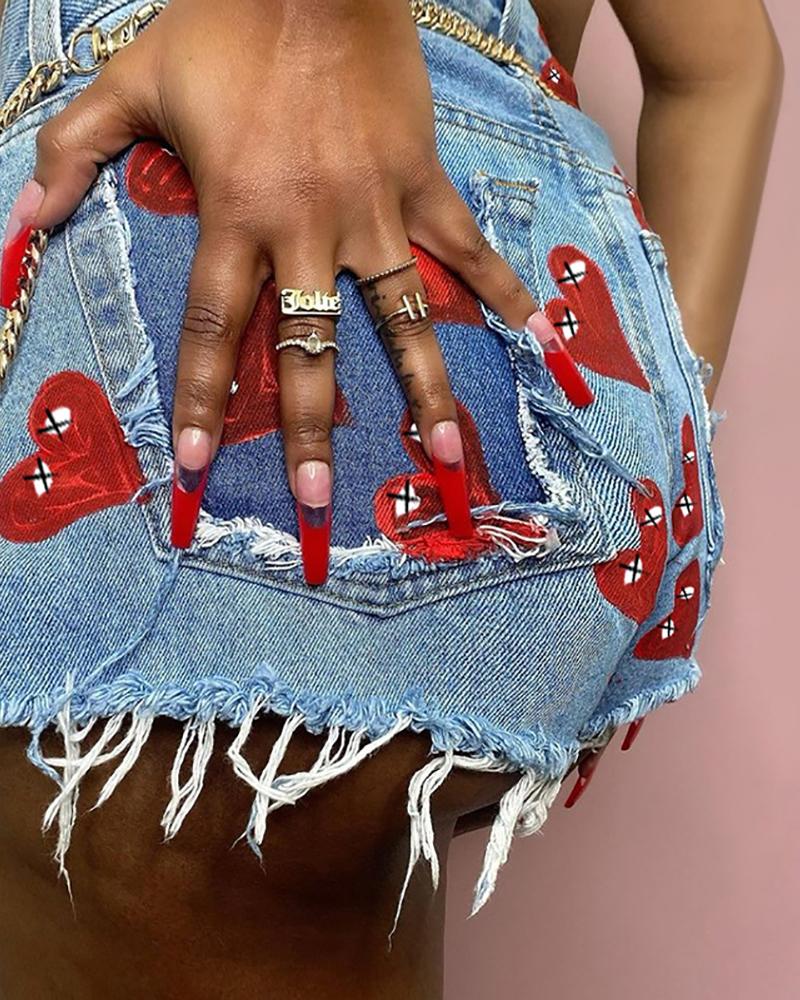 

Fringe Hem Heart Print Pocket Design Denim Shorts, Red