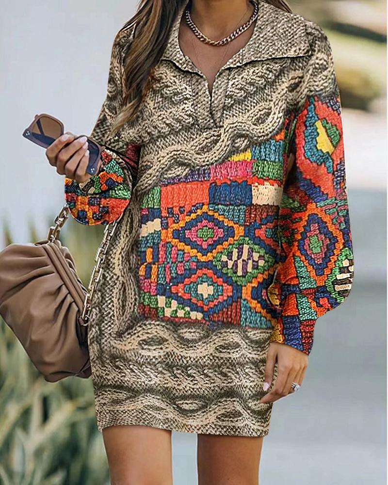 

Geometric Print Lantern Sleeve Casual Dress, Brown
