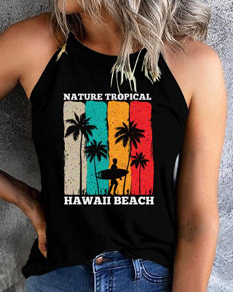 

Coconut Tree Tropical Letter Print Graphic Tee Round Neck Vest Tank Top, Black